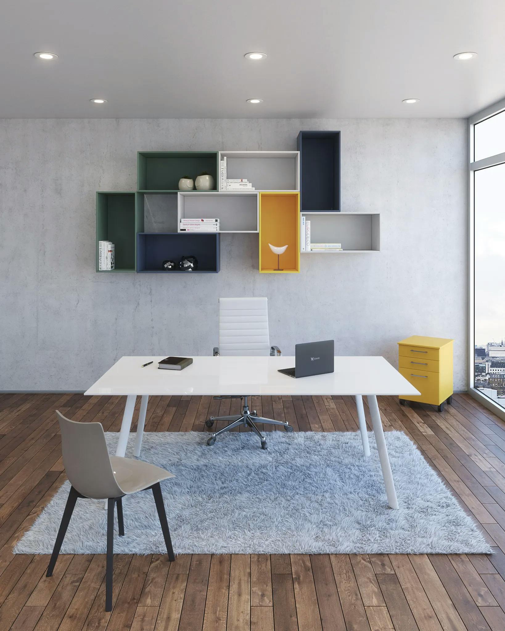 Ambiente de oficina con mobiliario Winkel y su distintiva estructura elíptica